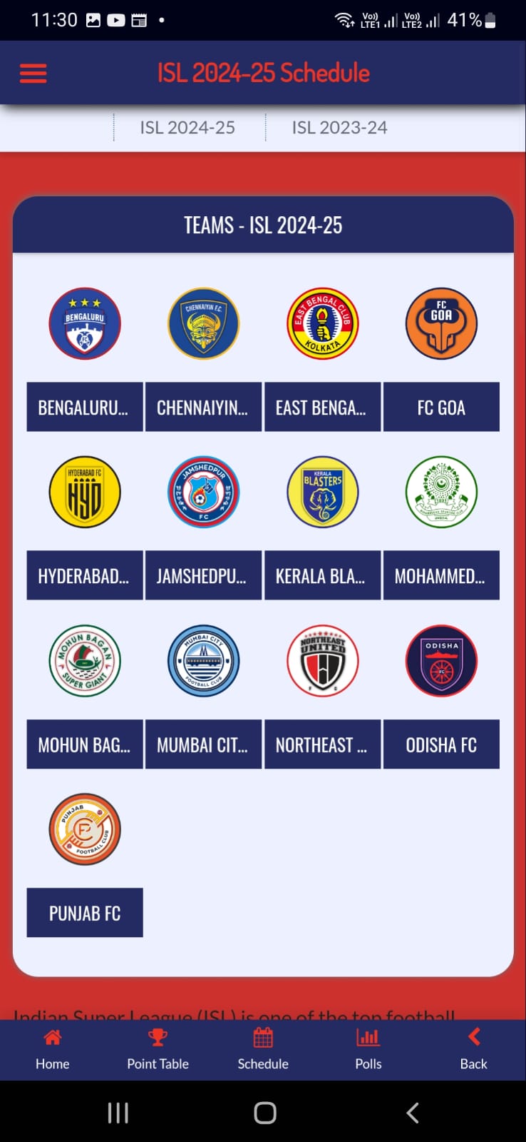 Indian Football League - Schedule | Live Score | Results | Indus Appstore | Screenshot