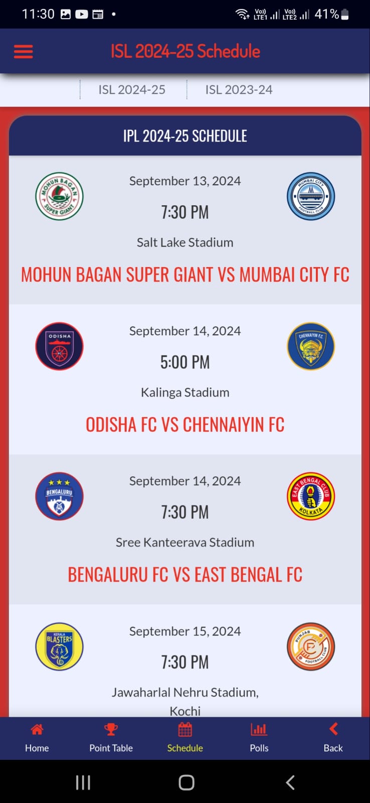 Indian Football League - Schedule | Live Score | Results | Indus Appstore | Screenshot