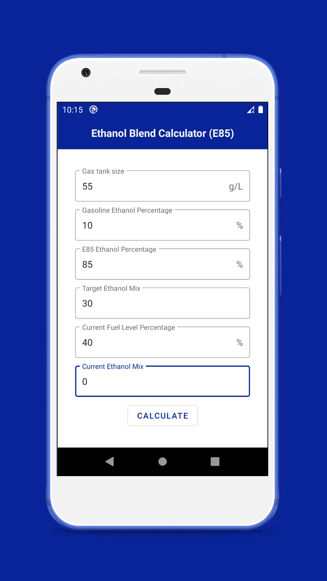 Ethanol Blend Calculator E85 | Indus Appstore | Screenshot