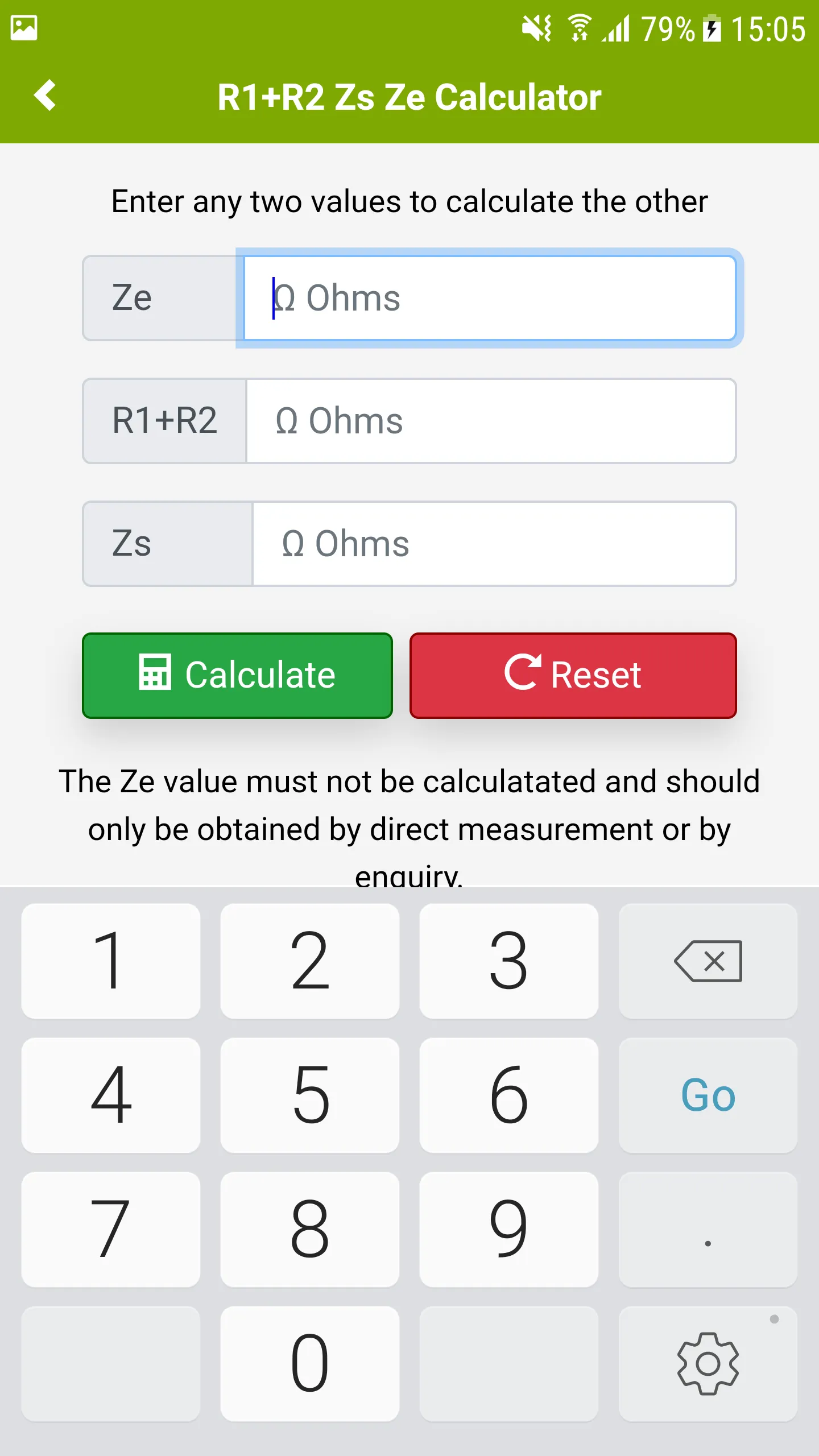 R1+R2 Zs Ze Calculator | Indus Appstore | Screenshot