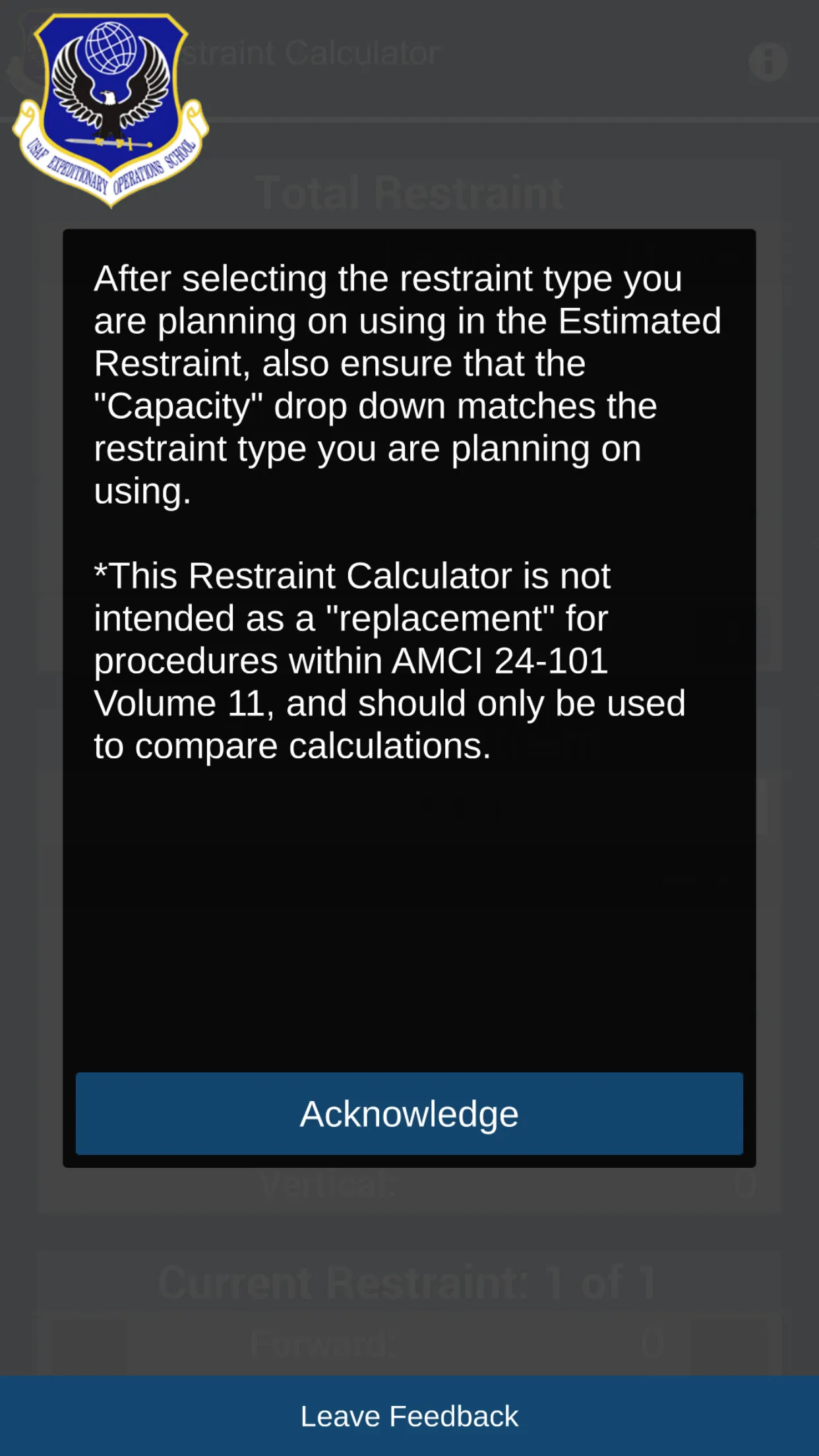 USAF EOS Restraint Calculator | Indus Appstore | Screenshot