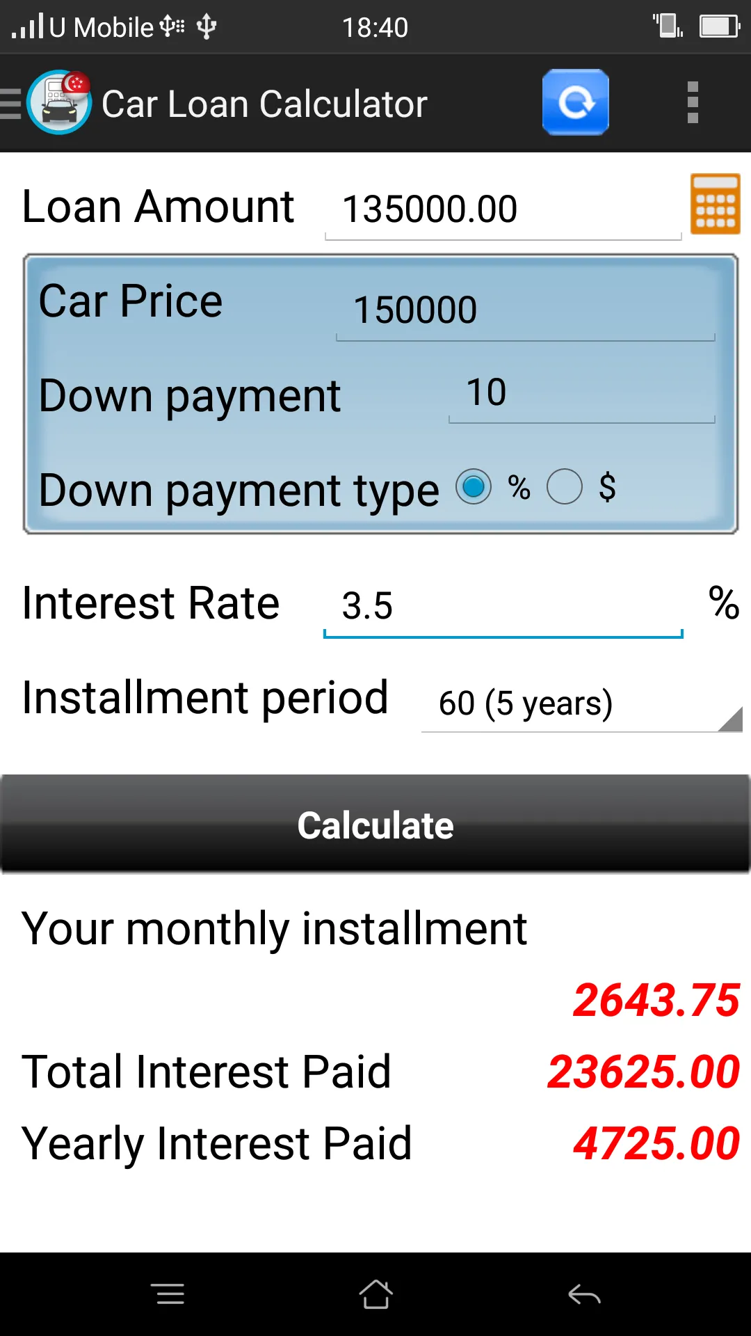 Car Loan Calculator Singapore | Indus Appstore | Screenshot