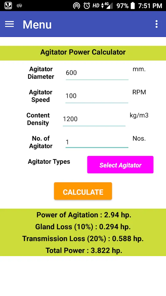 Agitator Power Calculator | Indus Appstore | Screenshot