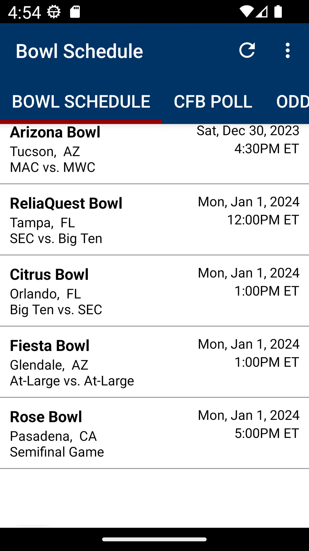 College Football Bowl Schedule | Indus Appstore | Screenshot