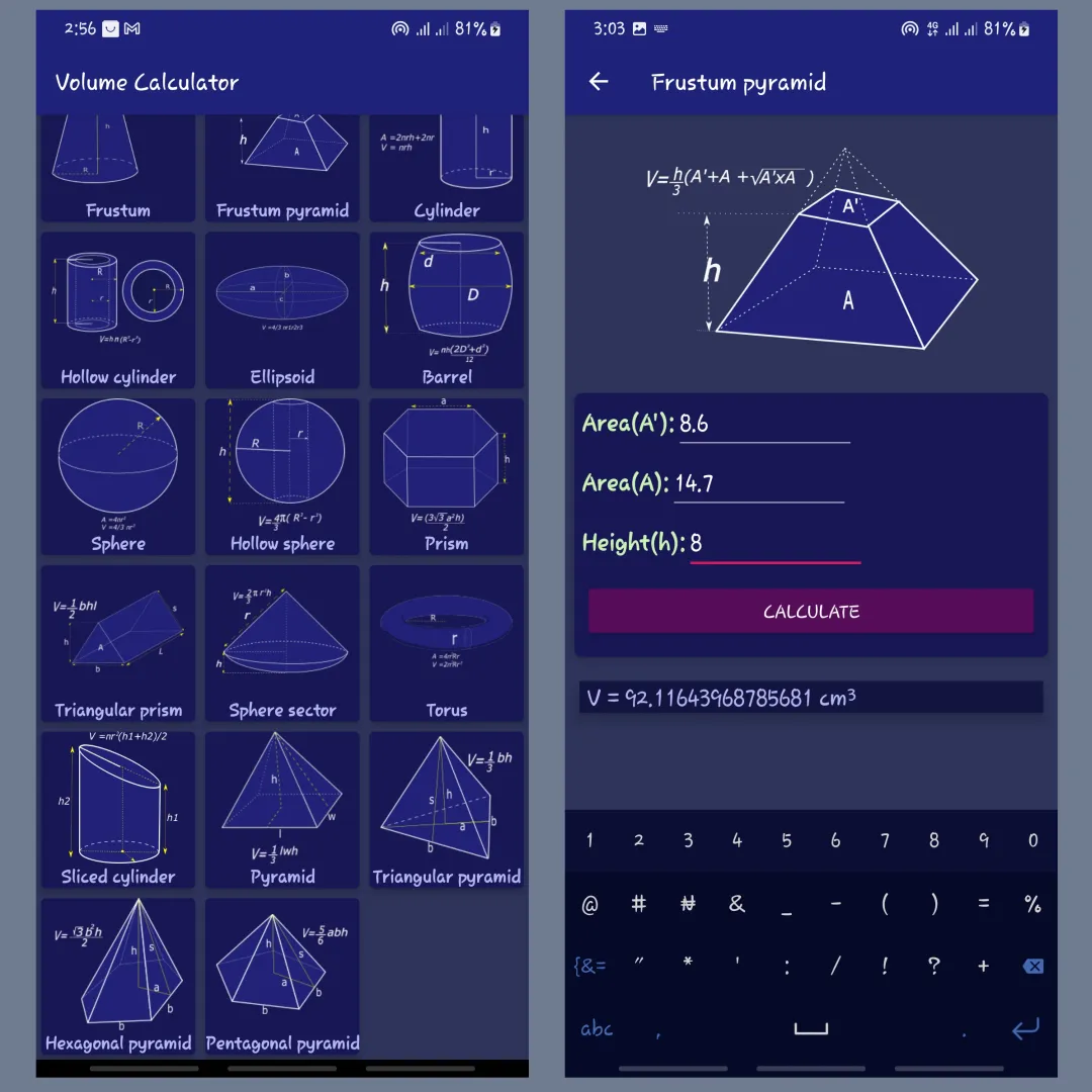 Volume calculator - 3D shapes | Indus Appstore | Screenshot