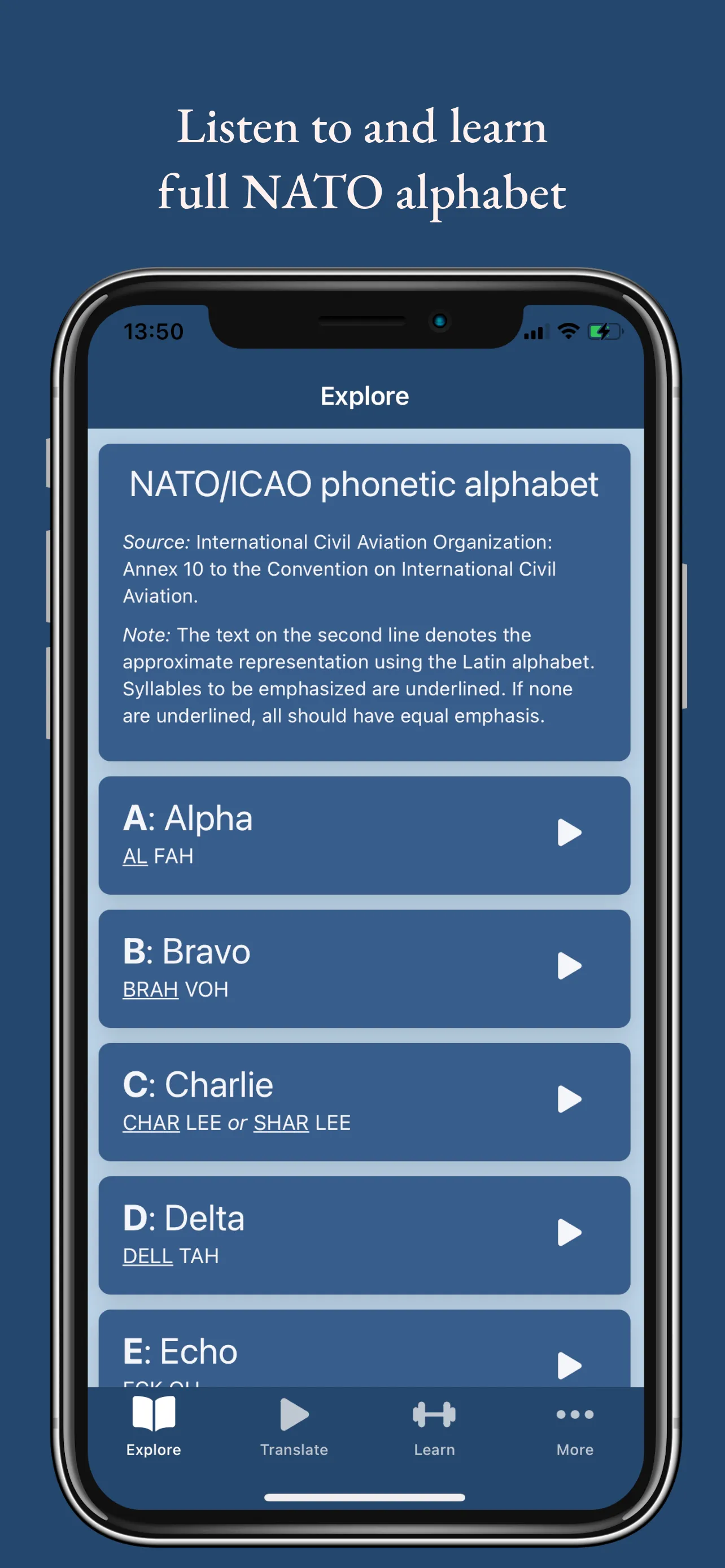 Learn NATO Phonetic Alphabet | Indus Appstore | Screenshot