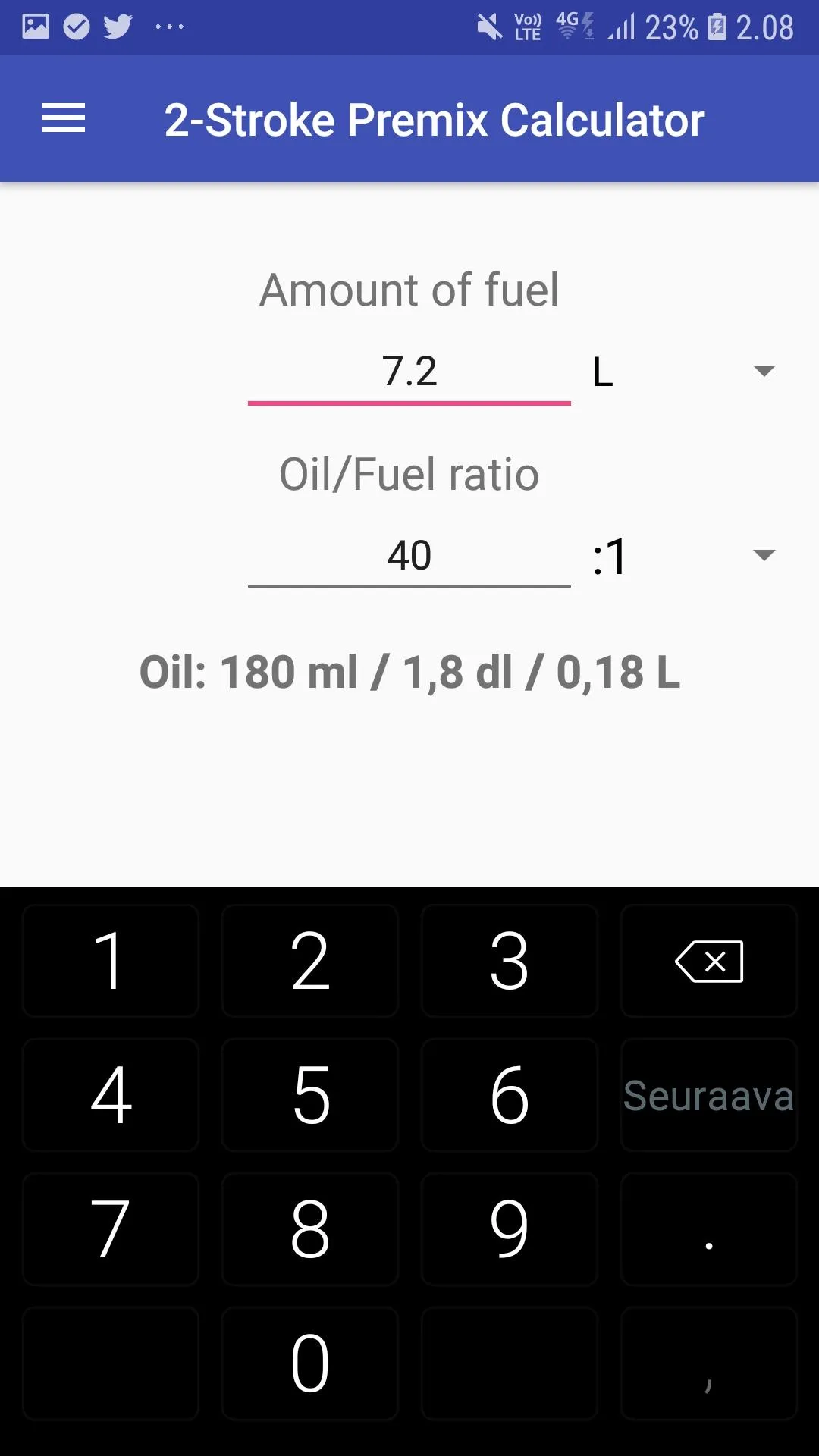 2-Stroke Premix Calculator | Indus Appstore | Screenshot