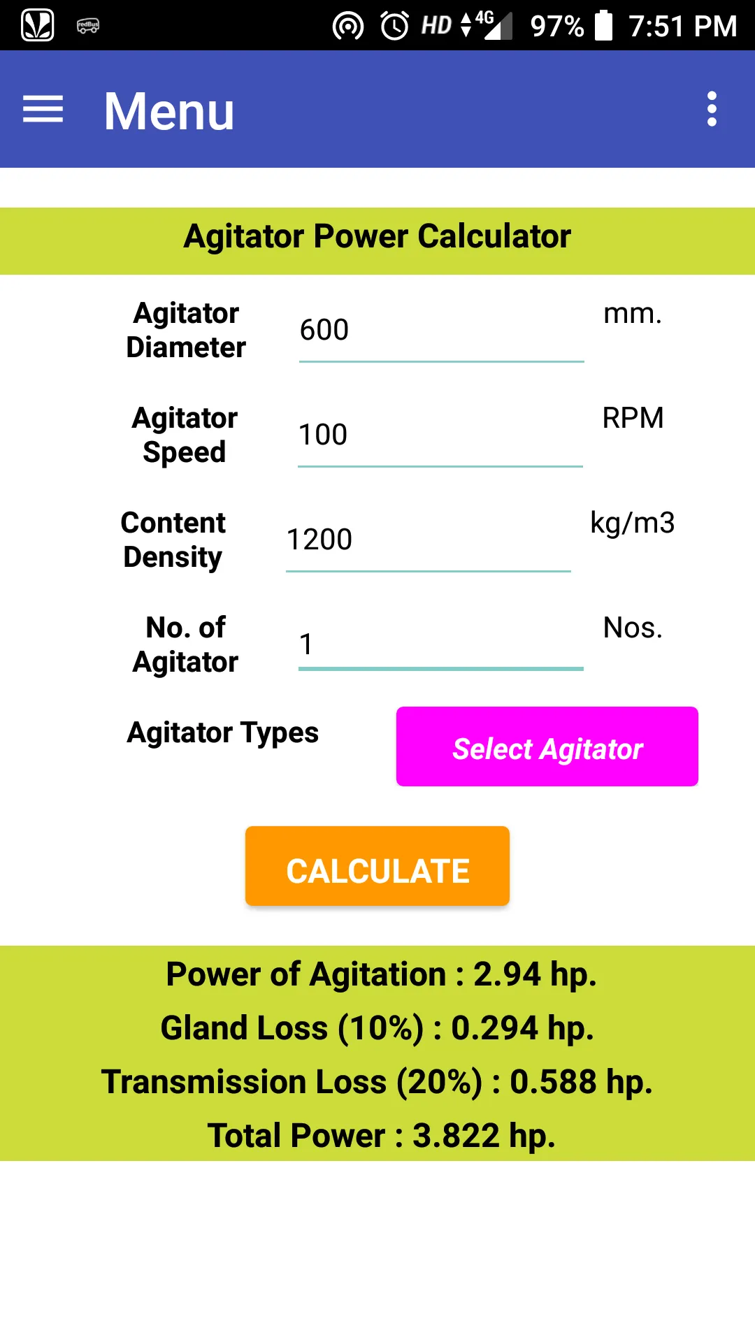 Agitator Power Calculator | Indus Appstore | Screenshot