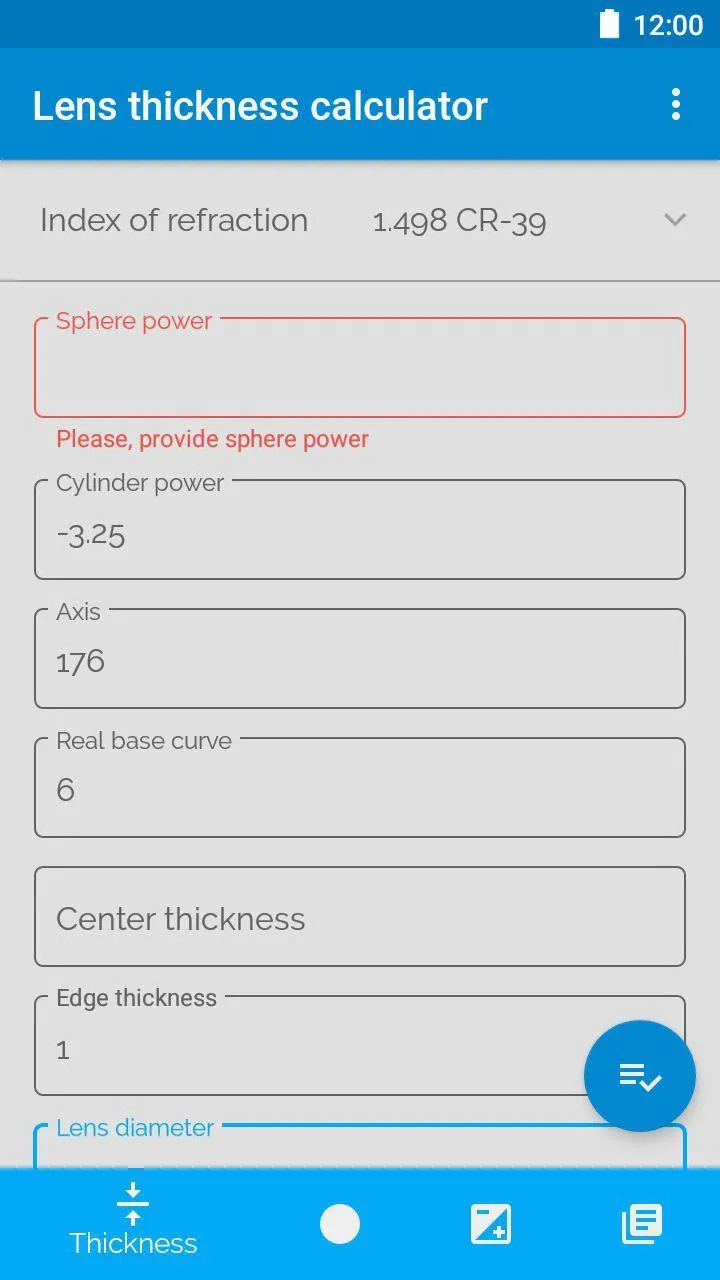 Lens thickness calculator | Indus Appstore | Screenshot