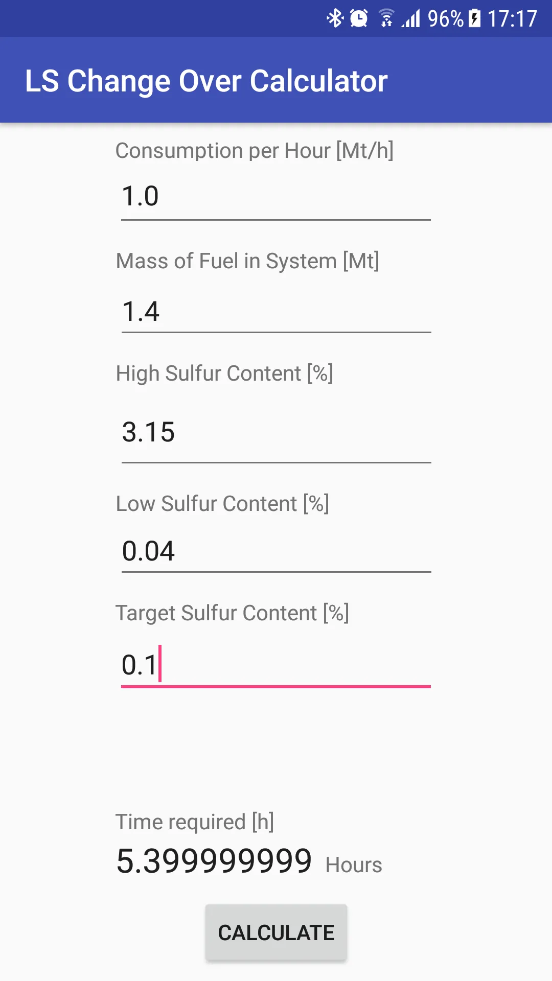 MARPOL LS CHANGEOVER CALC | Indus Appstore | Screenshot