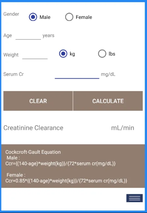 CCr calculator(Cockcroft-Gault | Indus Appstore | Screenshot