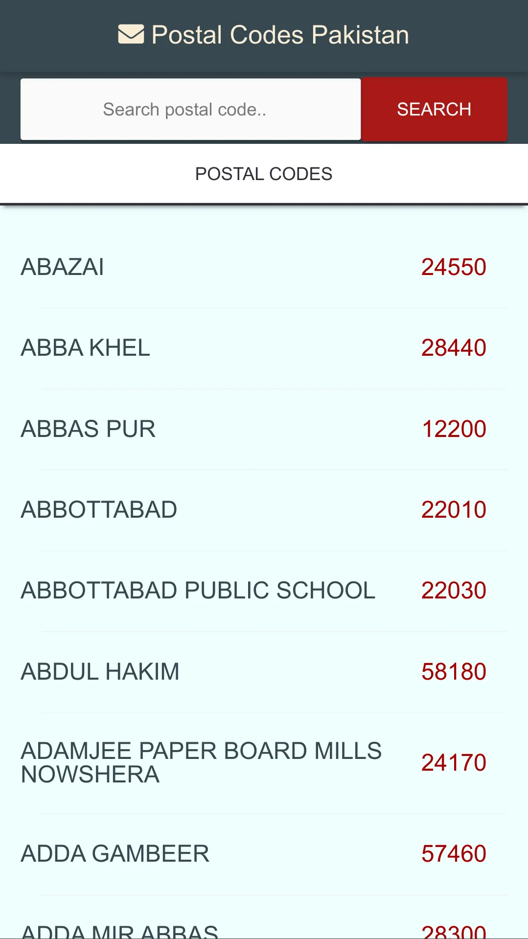 Postal Codes Pakistan | Indus Appstore | Screenshot