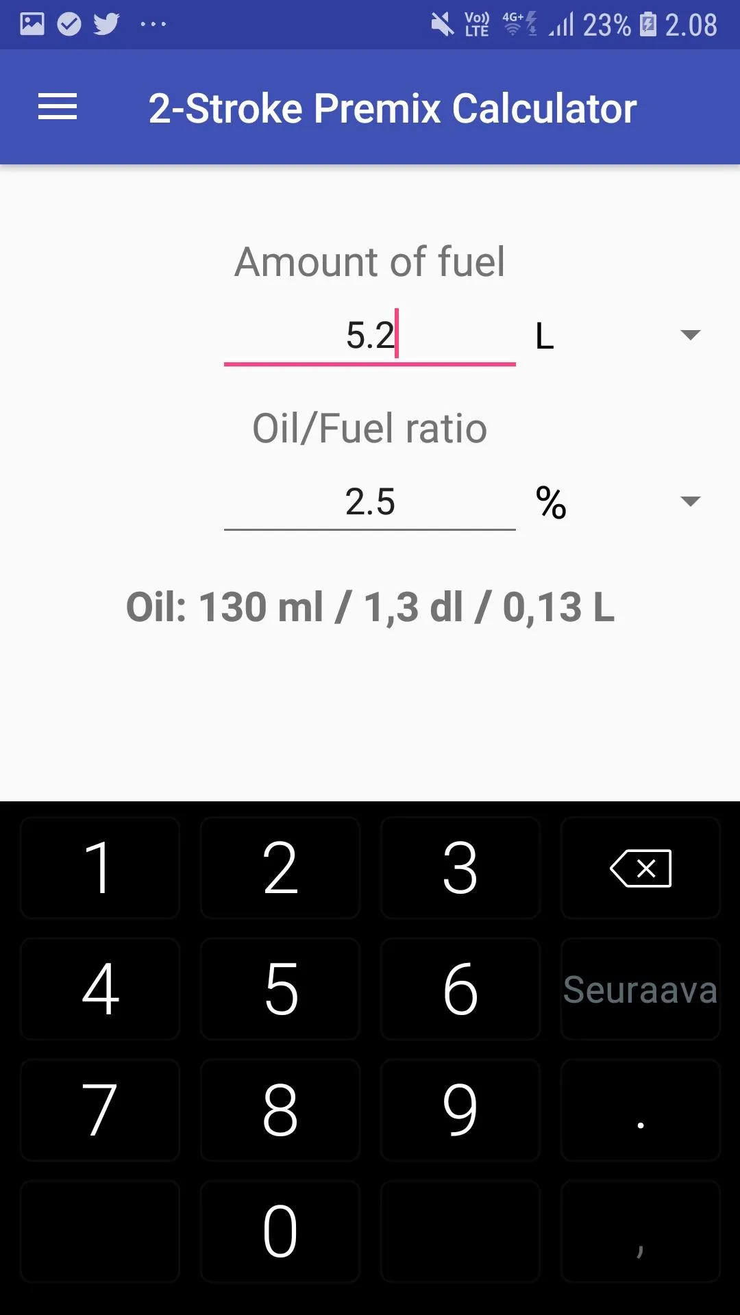 2-Stroke Premix Calculator | Indus Appstore | Screenshot