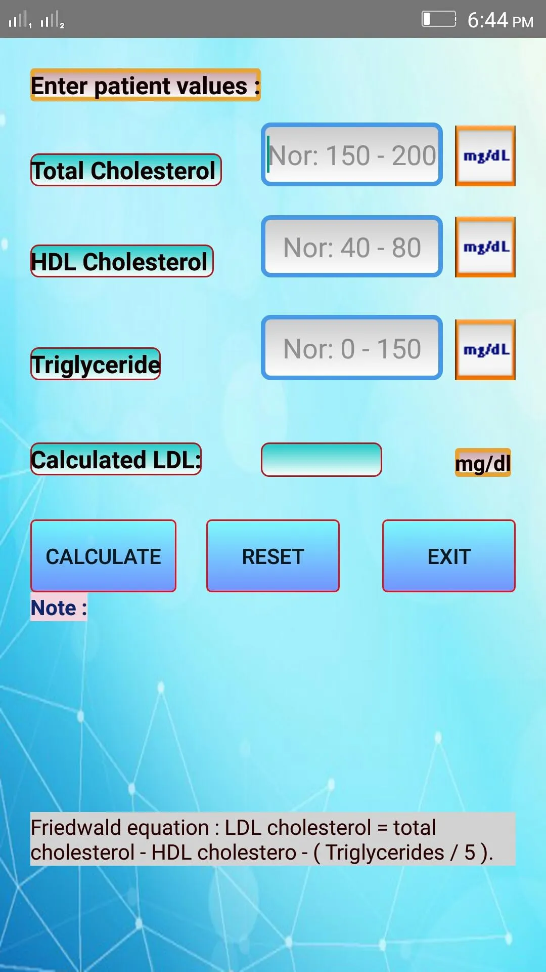 LDL Cholesterol Calculator | Indus Appstore | Screenshot