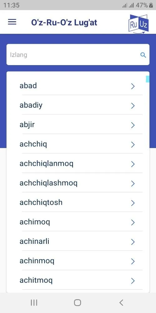 O'zbekcha - Ruscha  Lug'at | Indus Appstore | Screenshot