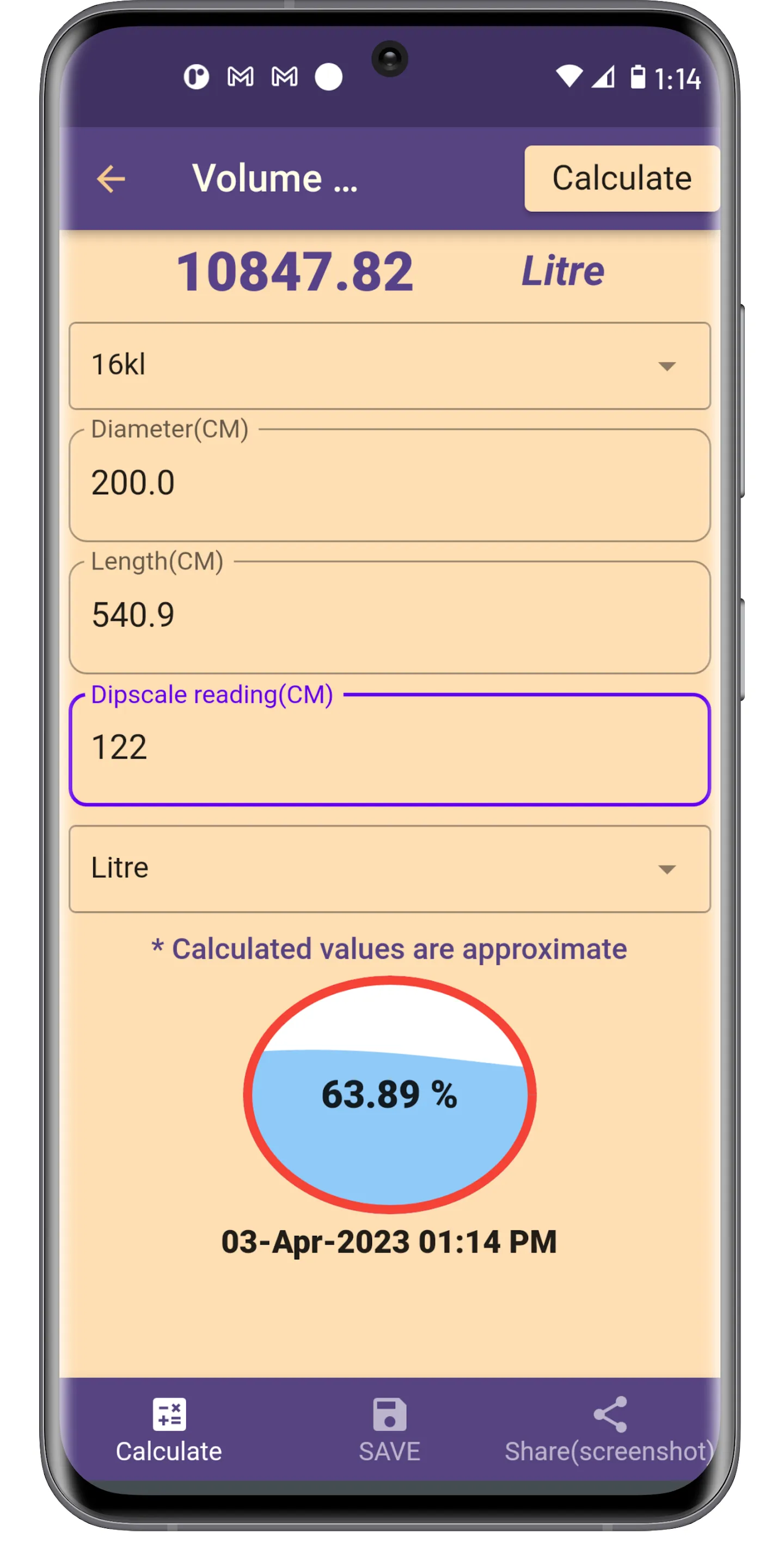 Fuel Tank volume calculation | Indus Appstore | Screenshot