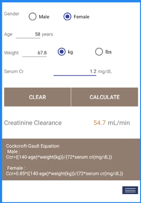 CCr calculator(Cockcroft-Gault | Indus Appstore | Screenshot