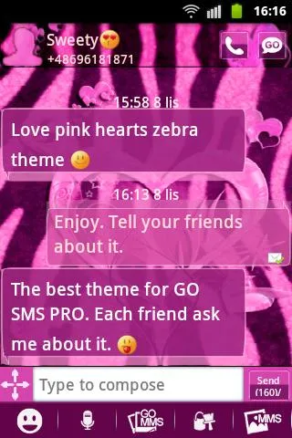 Heart Theme Zebra Pink GO SMS | Indus Appstore | Screenshot