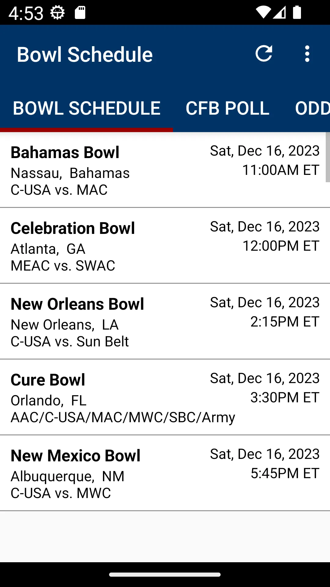 College Football Bowl Schedule | Indus Appstore | Screenshot