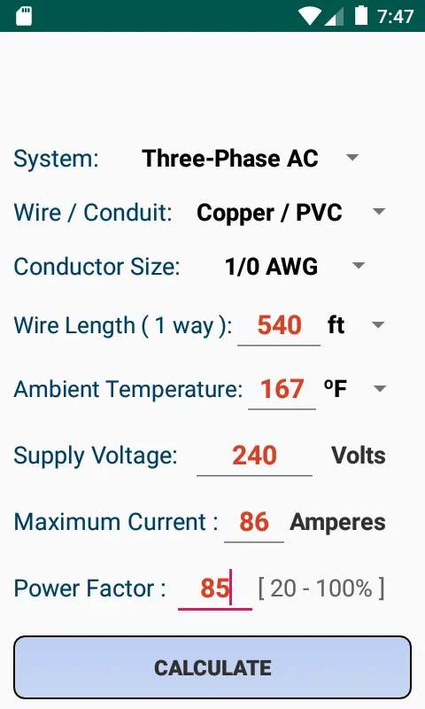 NEC Voltage Drop Calculator | Indus Appstore | Screenshot