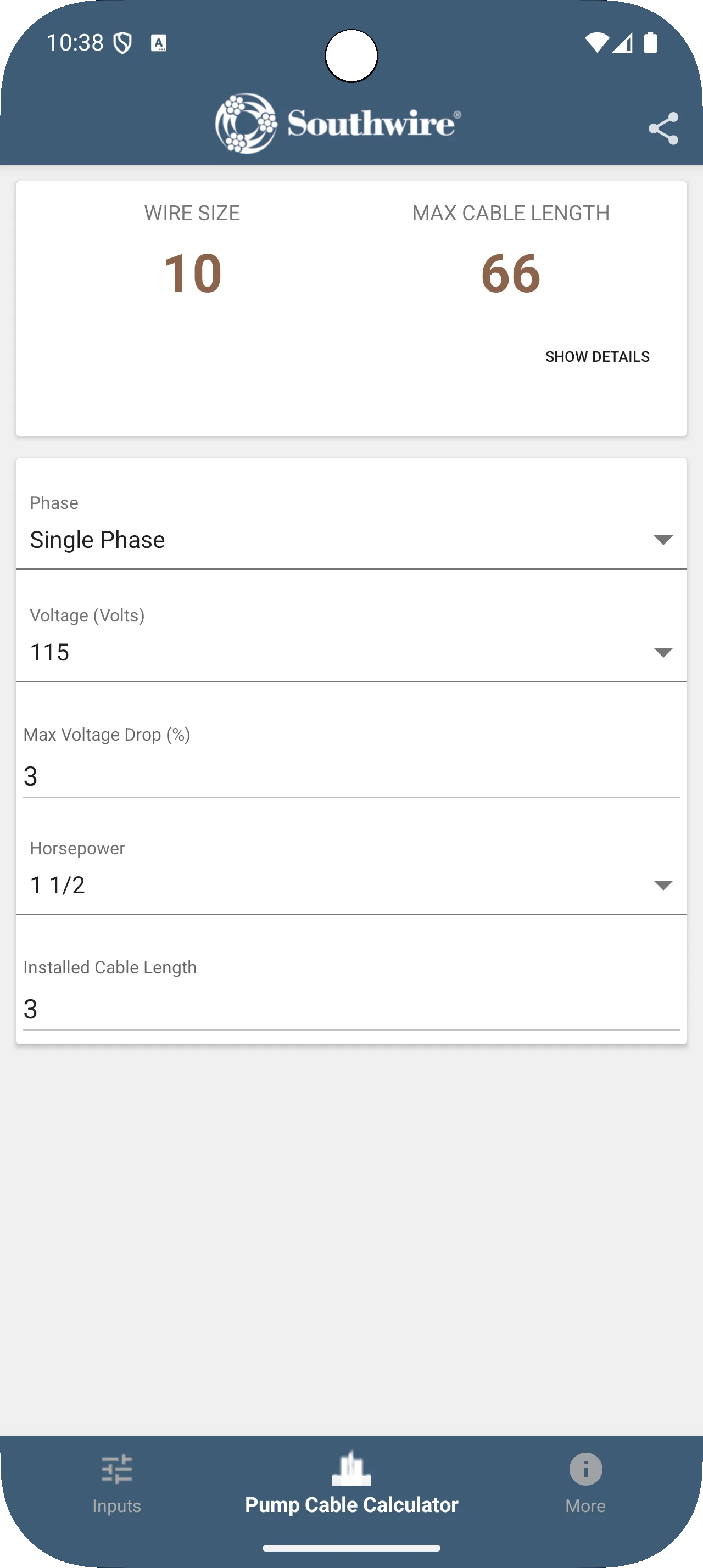 Southwire® Pump Cable Calc | Indus Appstore | Screenshot