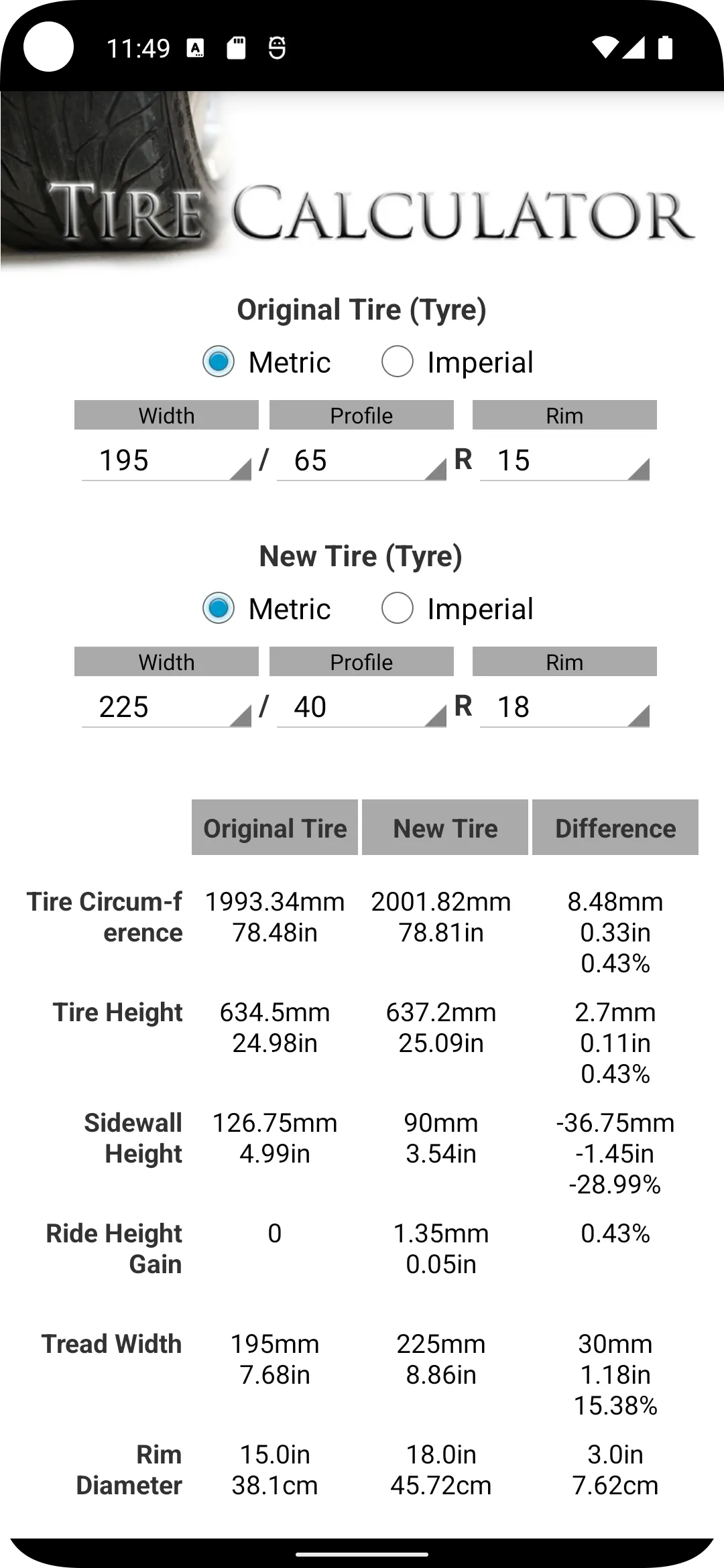 Tire Size Calculator | Indus Appstore | Screenshot