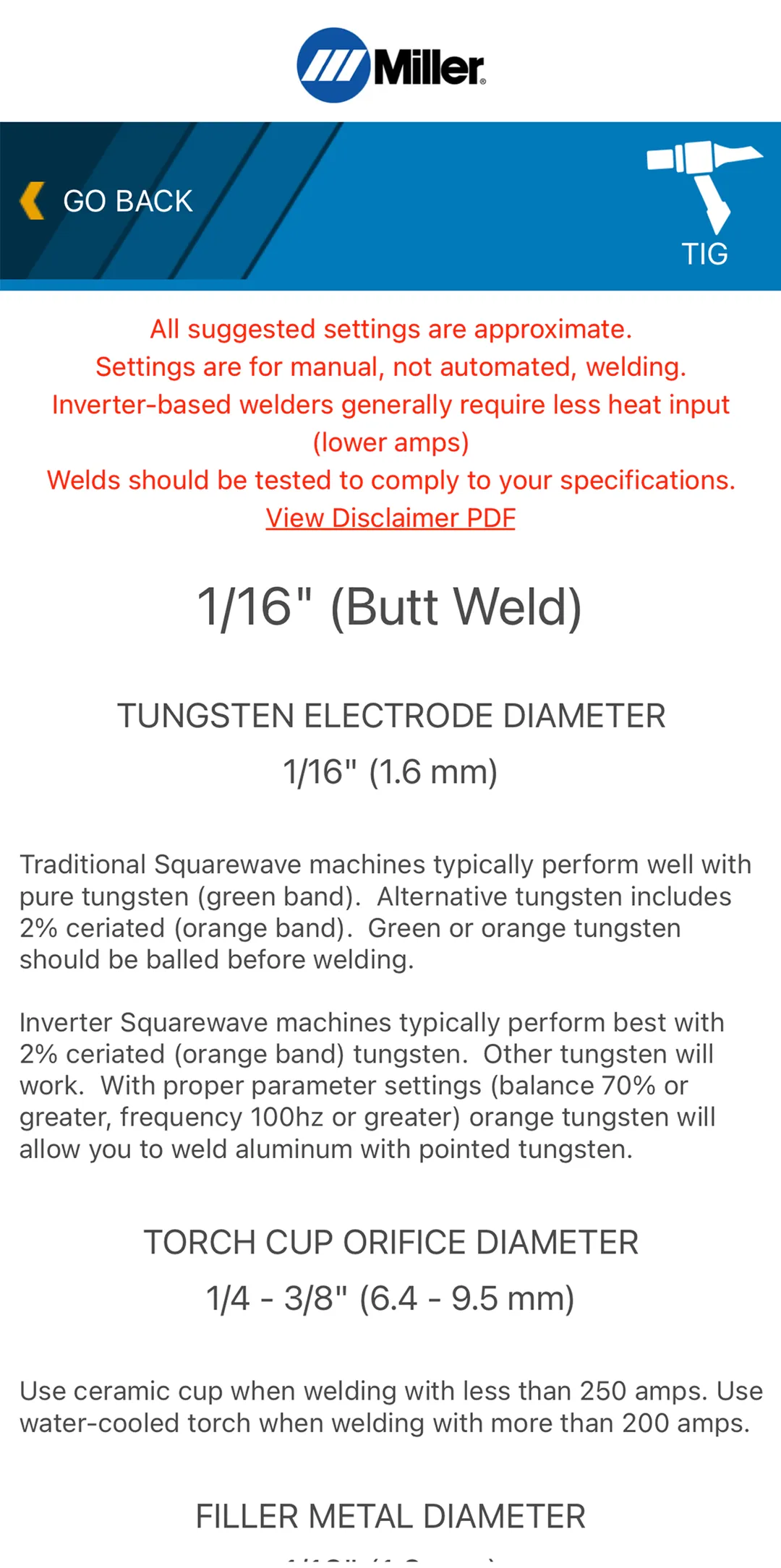 Miller Weld Setting Calculator | Indus Appstore | Screenshot