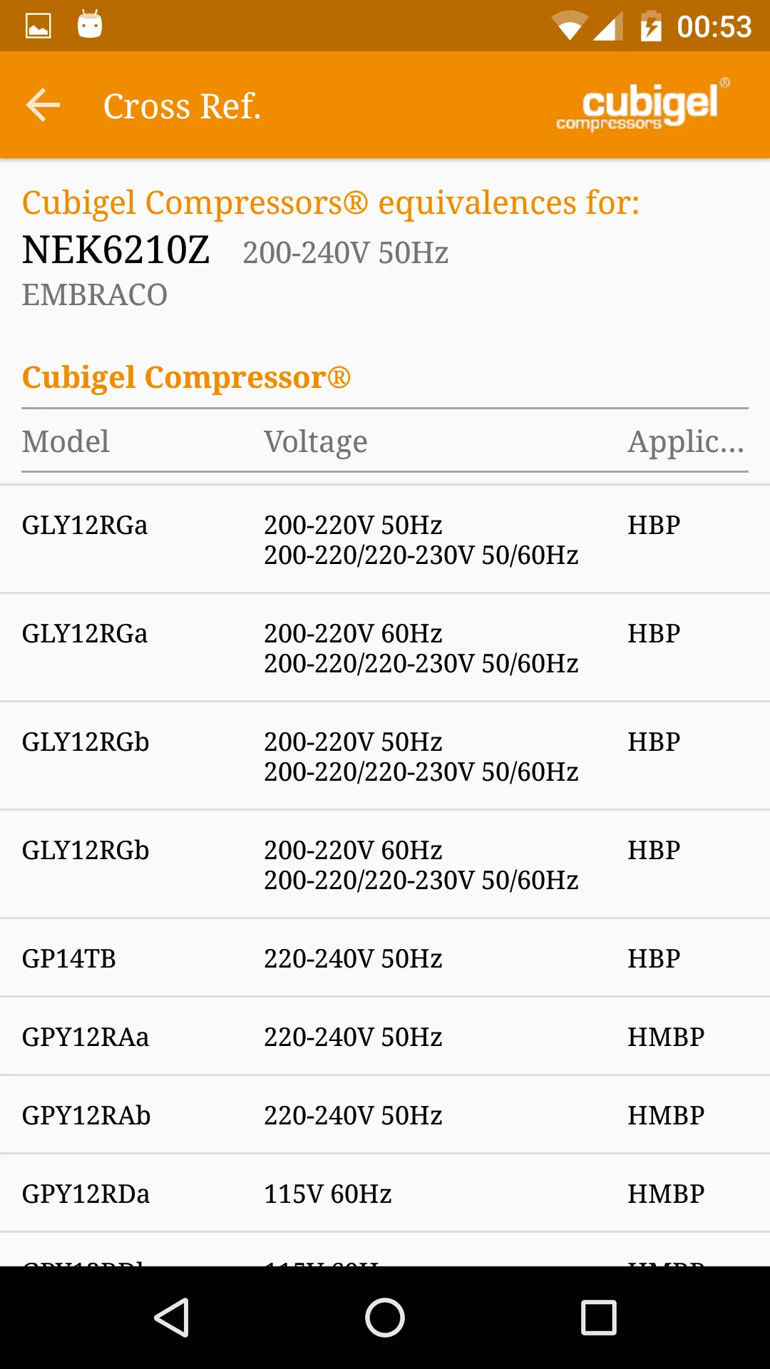 Cubigel Compressors Cross Ref. | Indus Appstore | Screenshot