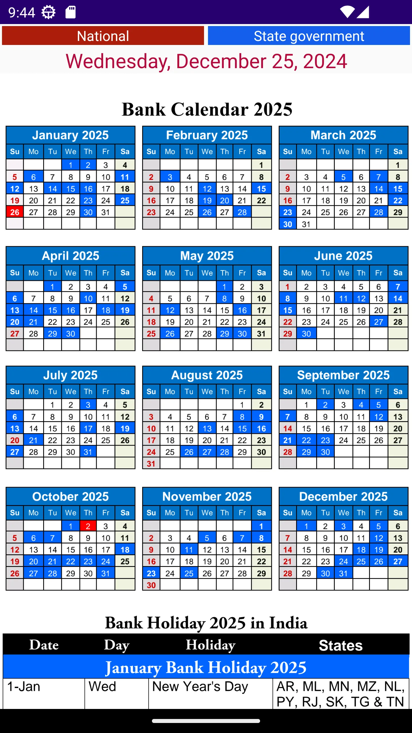 Bank Holiday Calendar 2025 | Indus Appstore | Screenshot