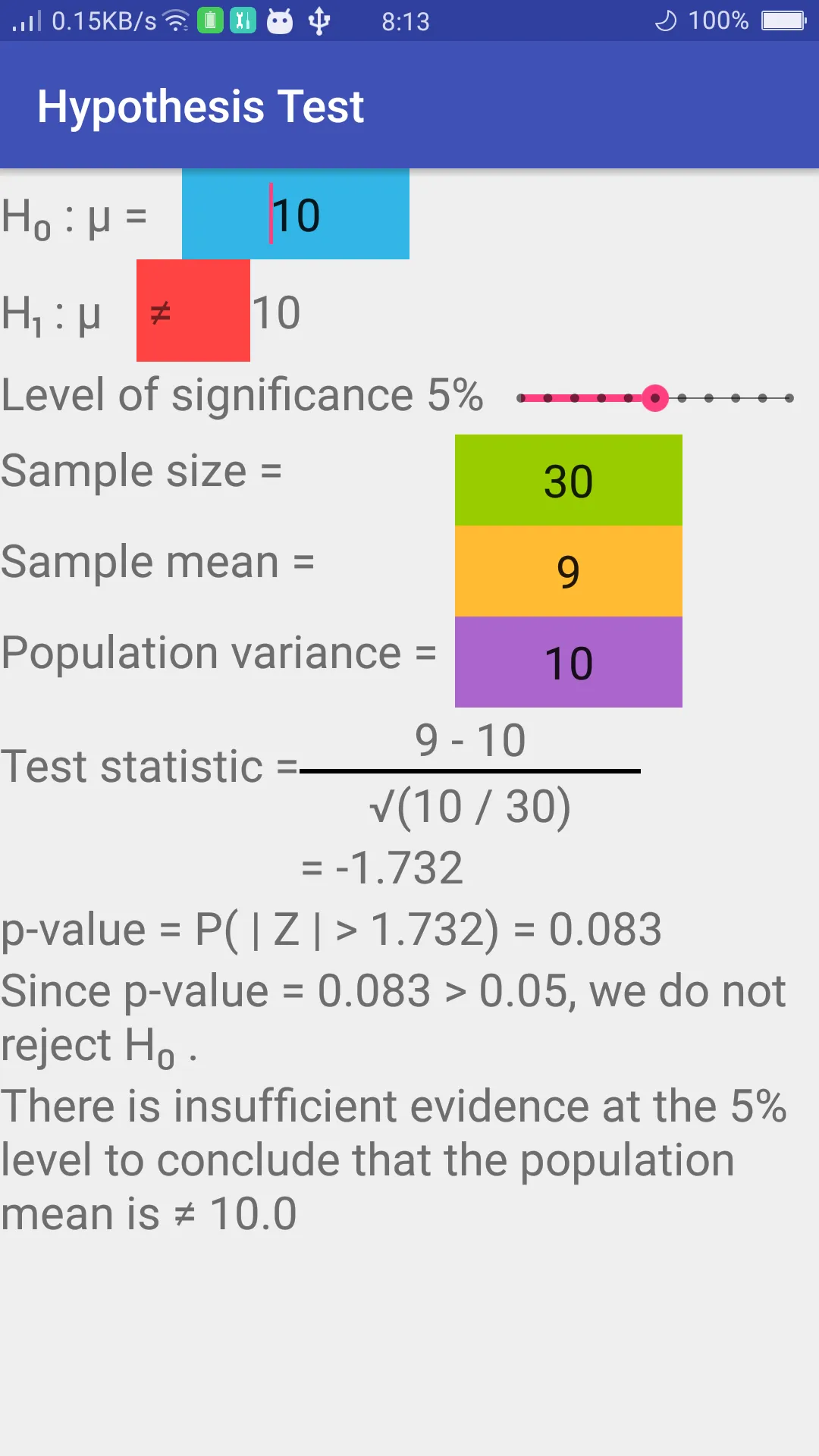 Hypothesis Test (Z Test) | Indus Appstore | Screenshot