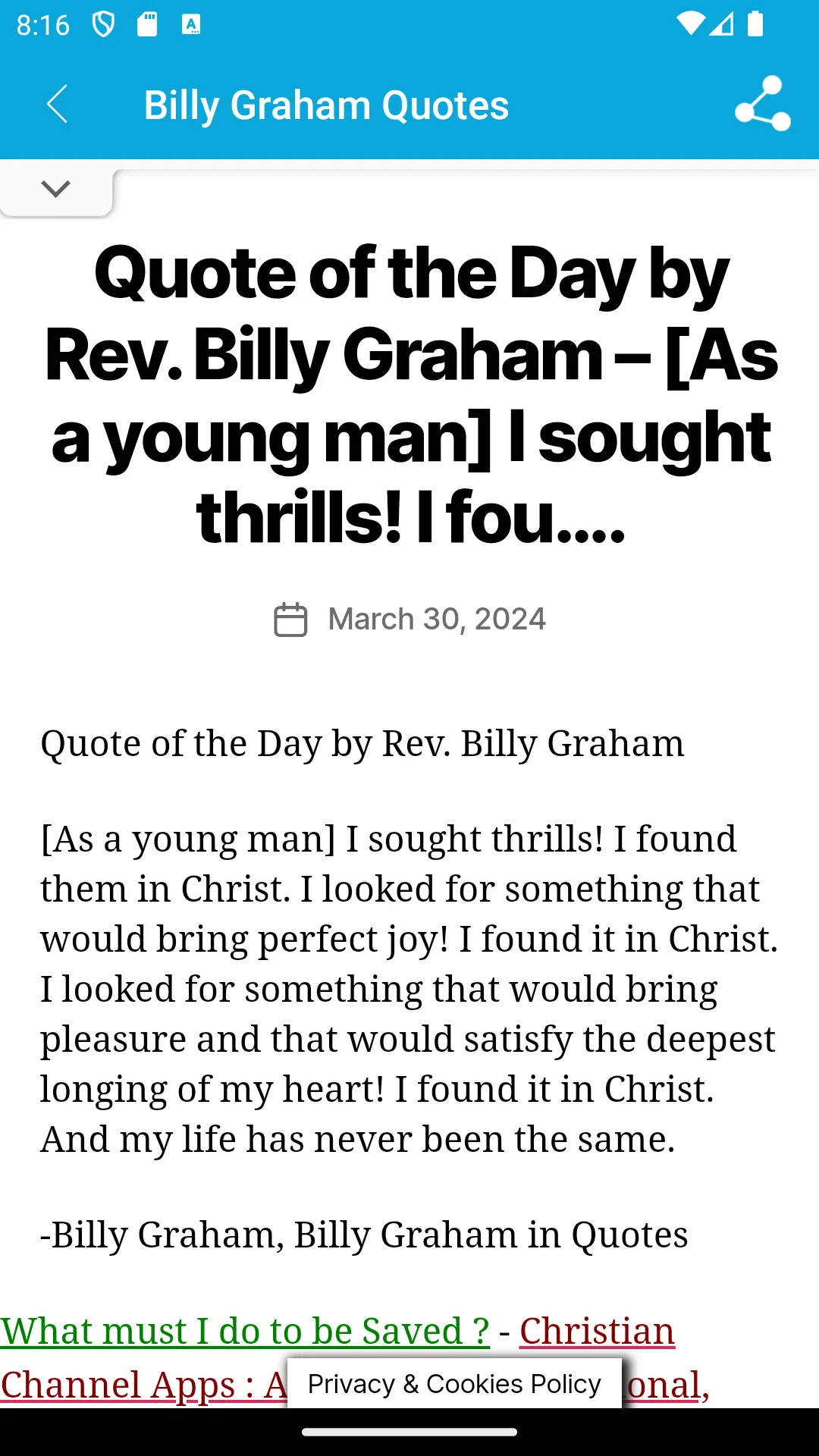 Billy Graham Quote of the Day | Indus Appstore | Screenshot