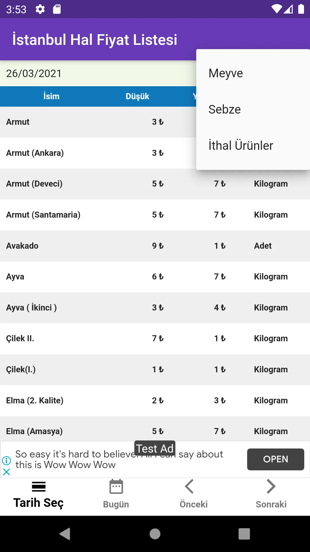 İstanbul Hal Fiyat Listesi | Indus Appstore | Screenshot