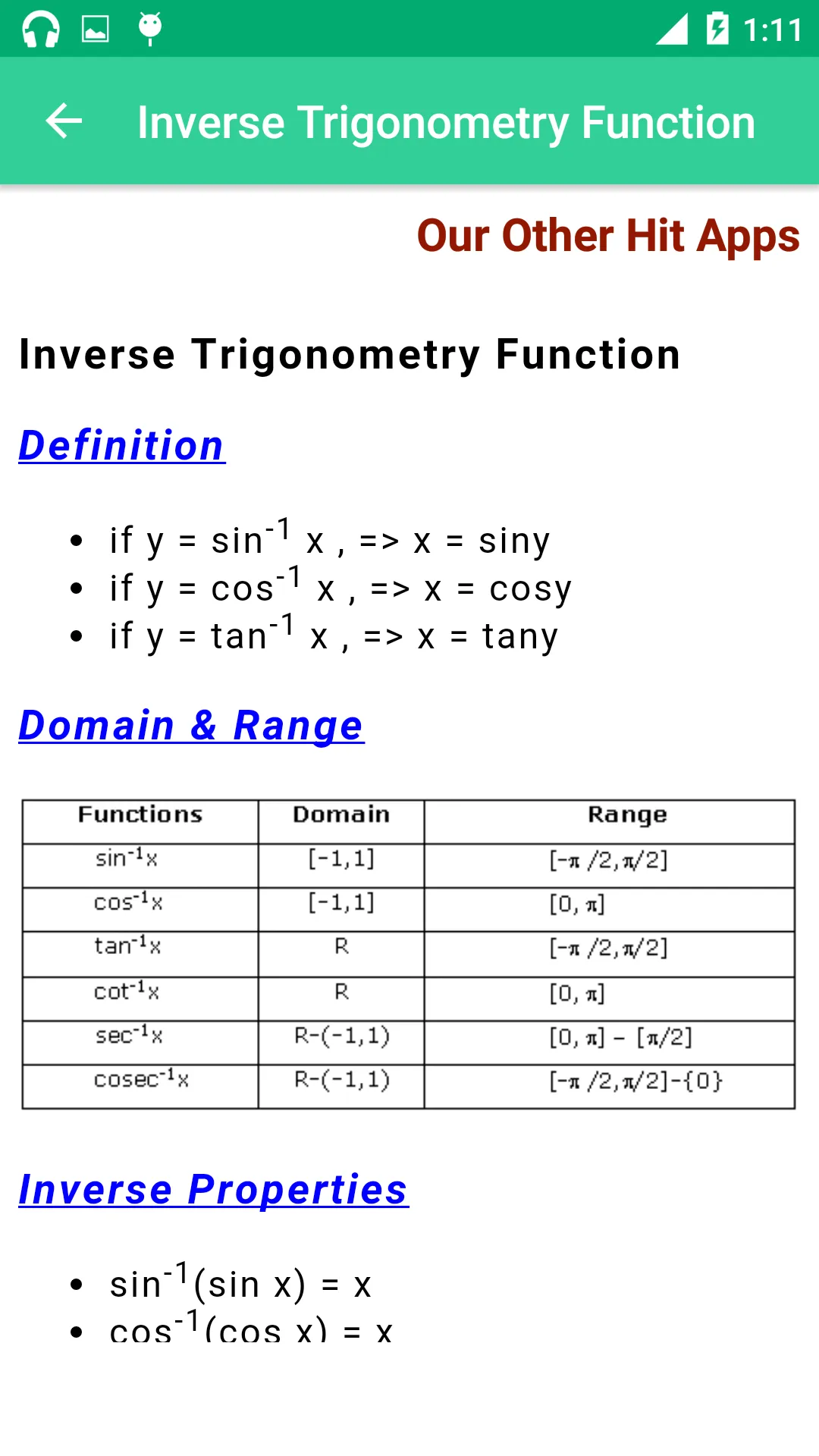 Trigonometry Formula Reference | Indus Appstore | Screenshot