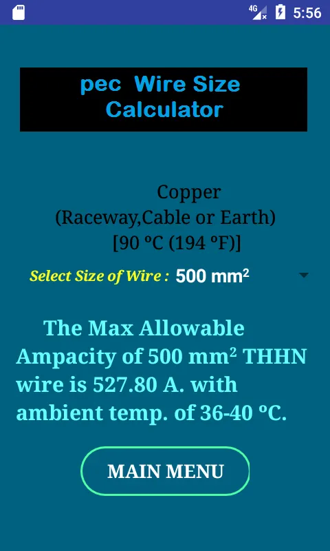 PEC Conductor Size Calculator | Indus Appstore | Screenshot