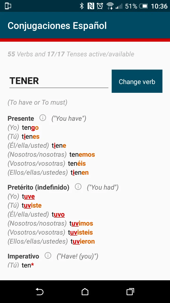 Spanish verb conjugations Espa | Indus Appstore | Screenshot