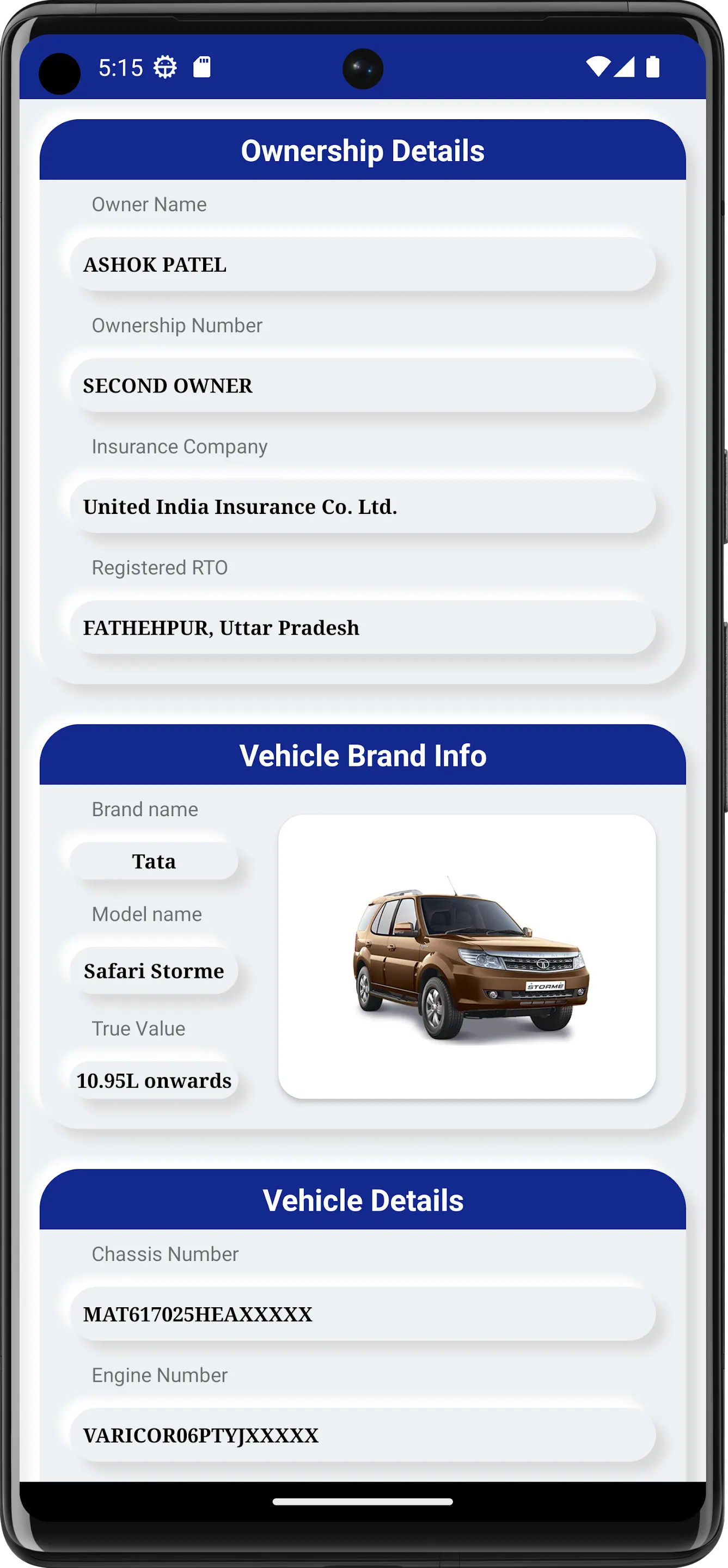 Vehicle RC Details | Indus Appstore | Screenshot