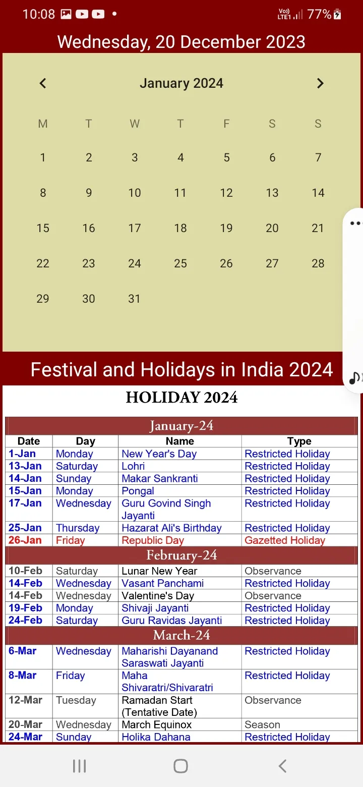 2024 Calendar With Holidays | Indus Appstore | Screenshot