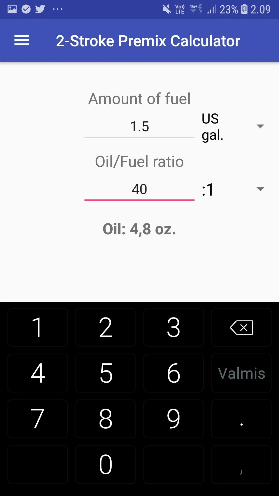 2-Stroke Premix Calculator | Indus Appstore | Screenshot