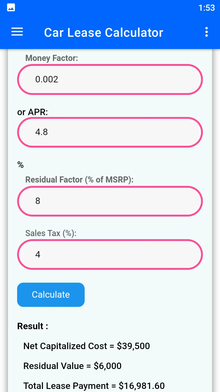 Car Lease Calculator | Indus Appstore | Screenshot