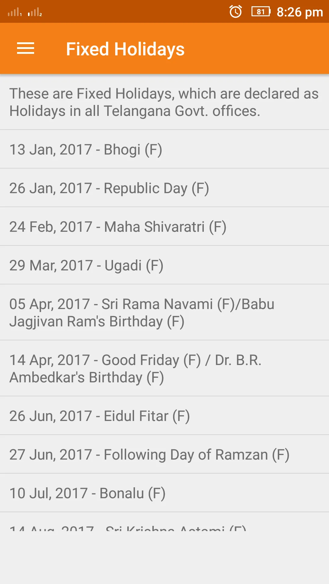 Telangana Holidays Calendar 20 | Indus Appstore | Screenshot