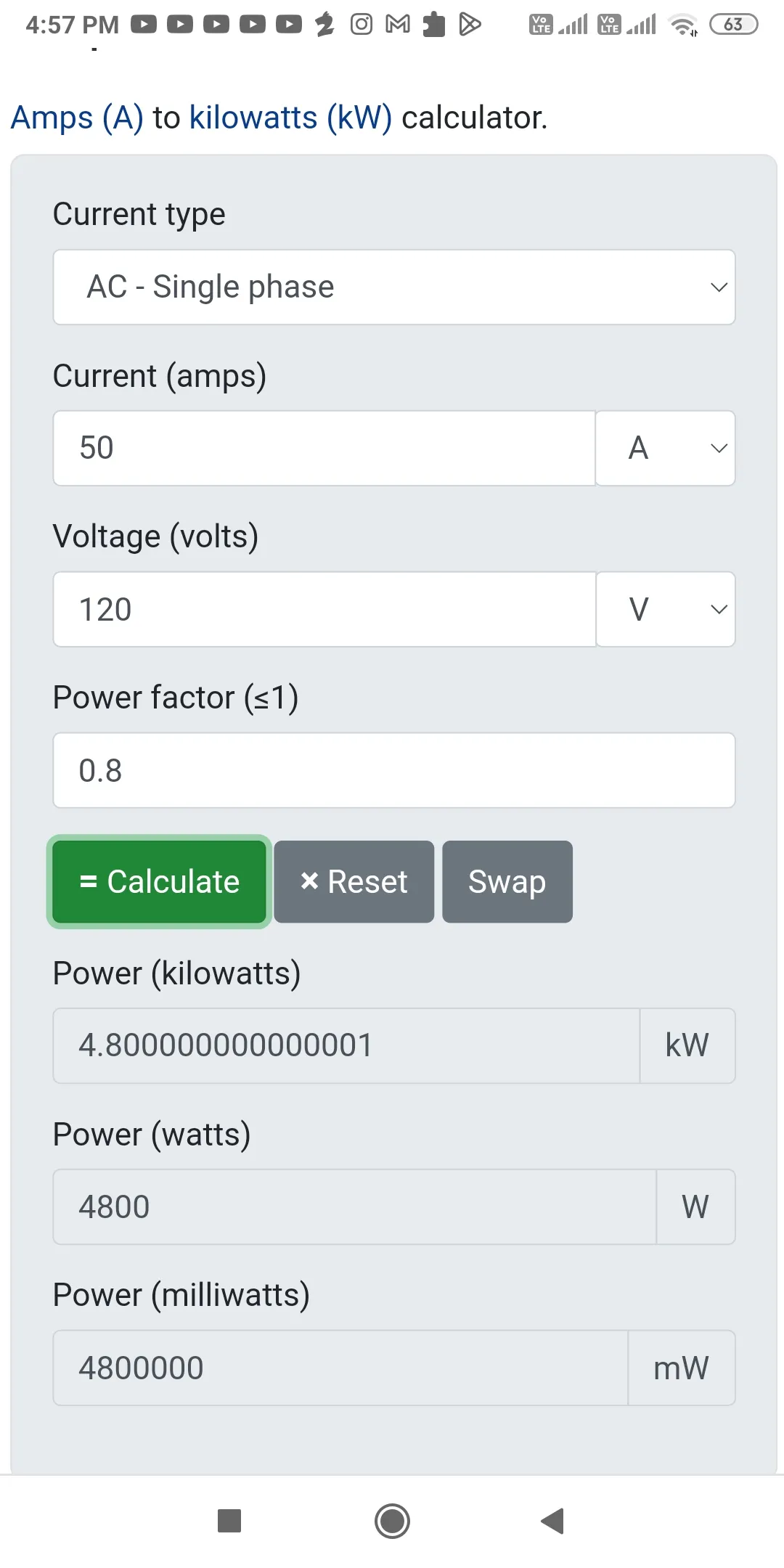 Amps to Kilowatts Calculator | Indus Appstore | Screenshot