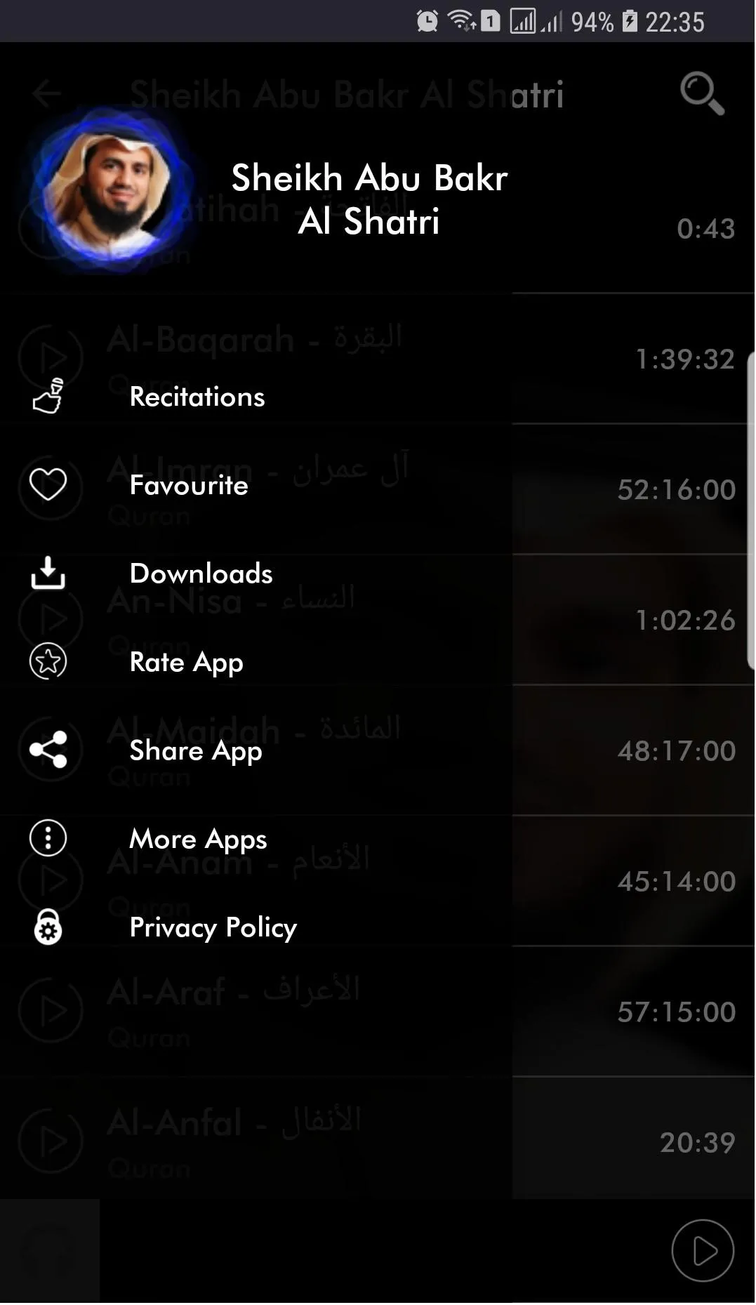 Quran MP3 Sheikh Abu Bakr Al S | Indus Appstore | Screenshot