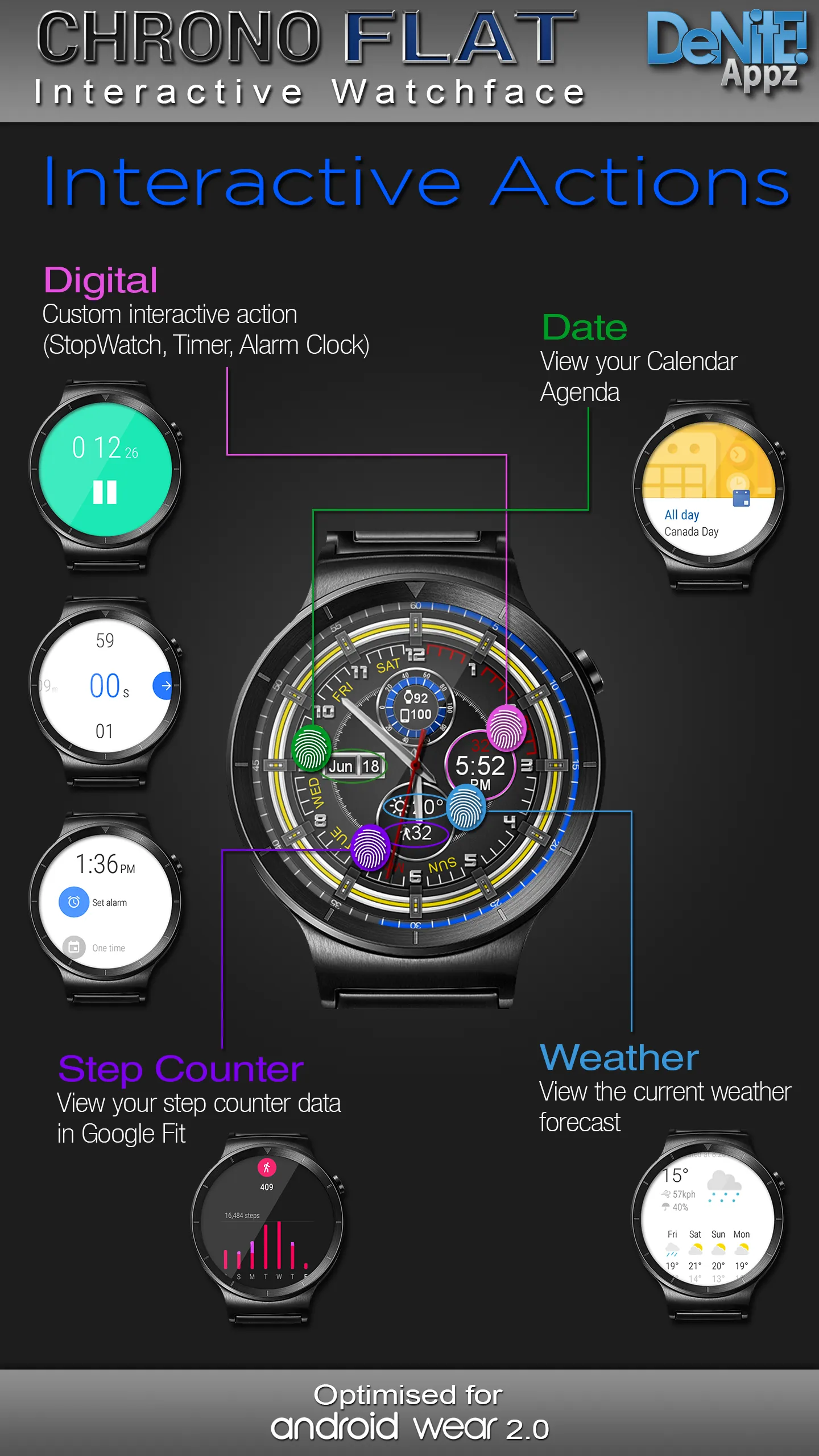 Chrono Flat HD Watch Face | Indus Appstore | Screenshot