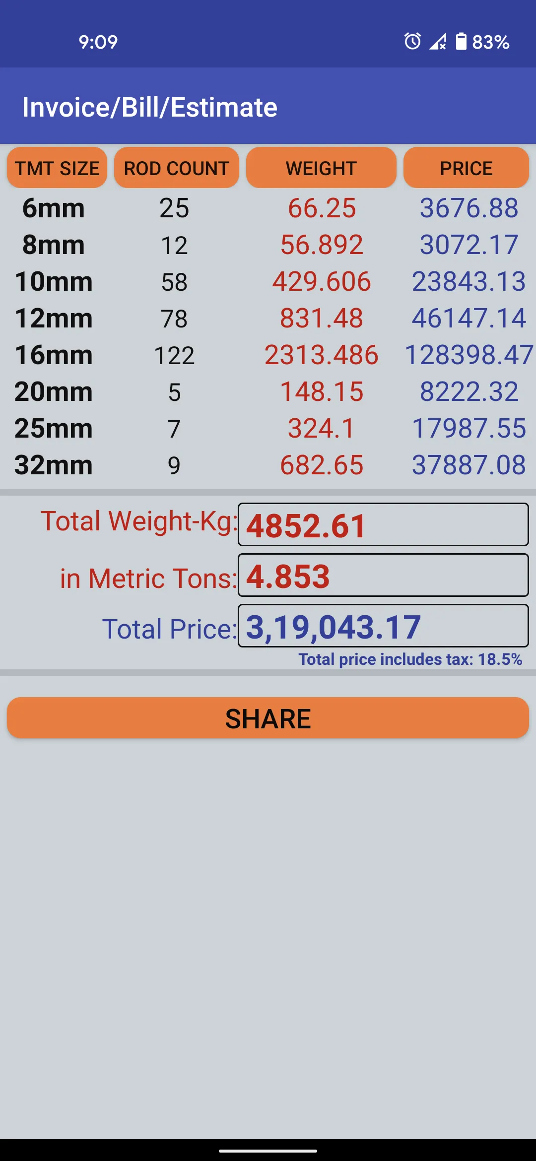 TMT Rebar Steel calculator | Indus Appstore | Screenshot