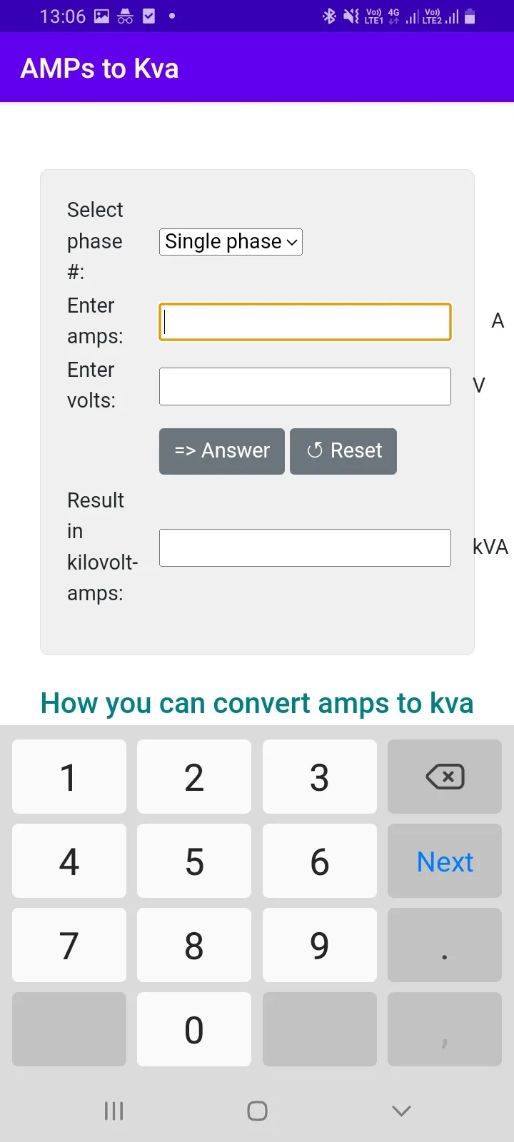 AMPs to Kva Converter | Indus Appstore | Screenshot