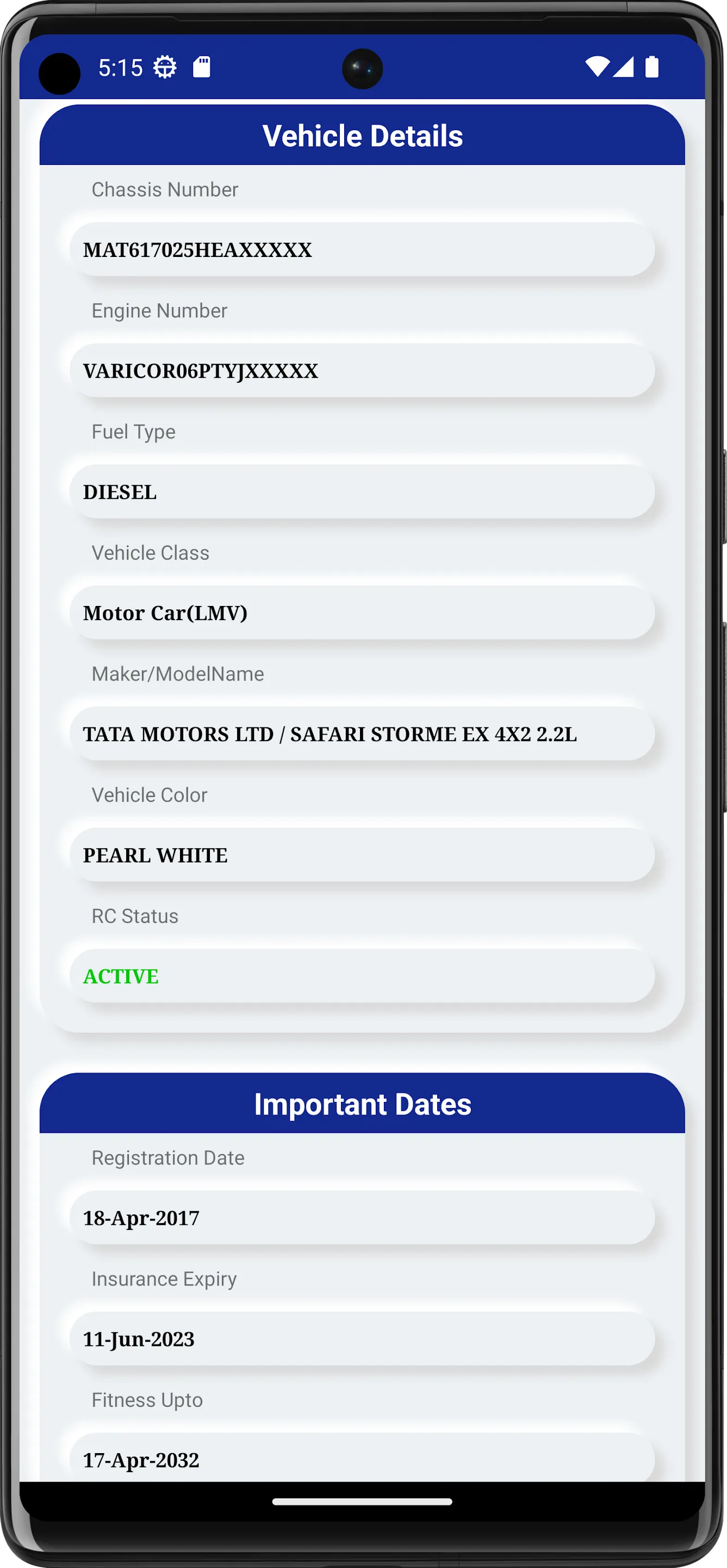 Vehicle RC Details | Indus Appstore | Screenshot