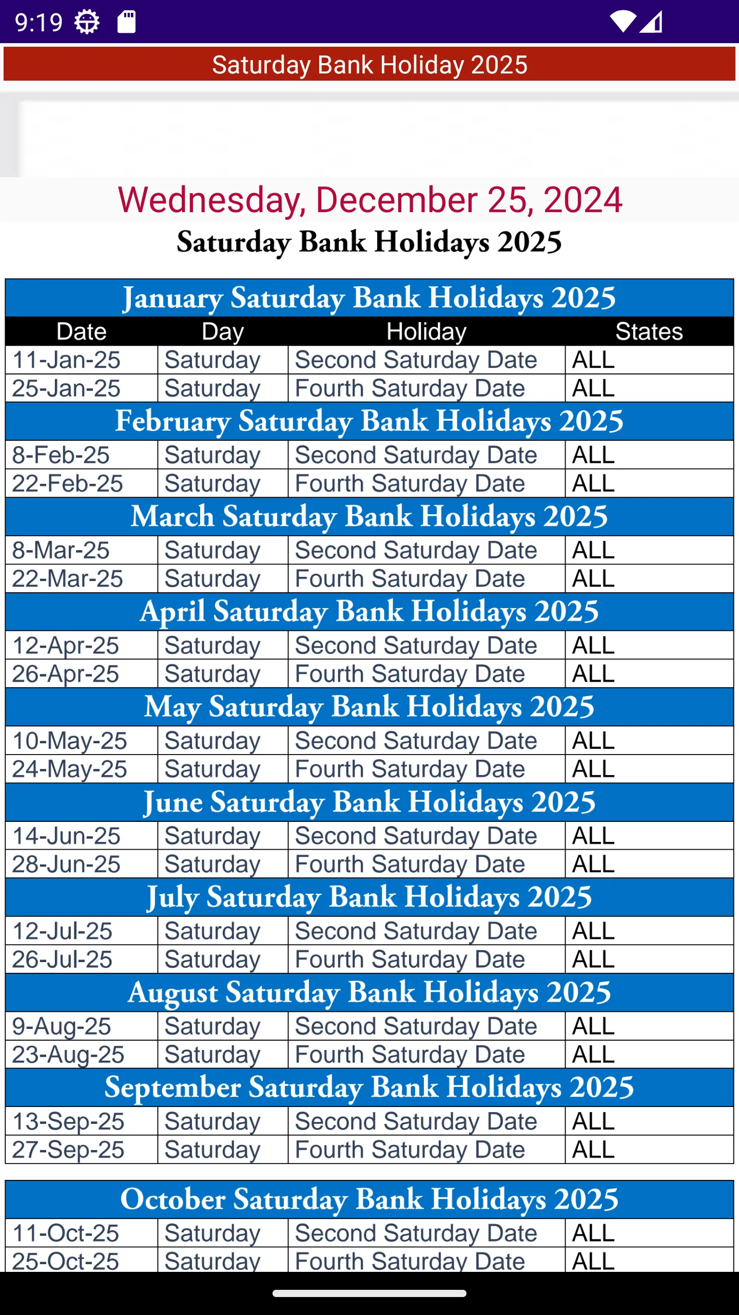 Bank Holiday Calendar 2025 | Indus Appstore | Screenshot