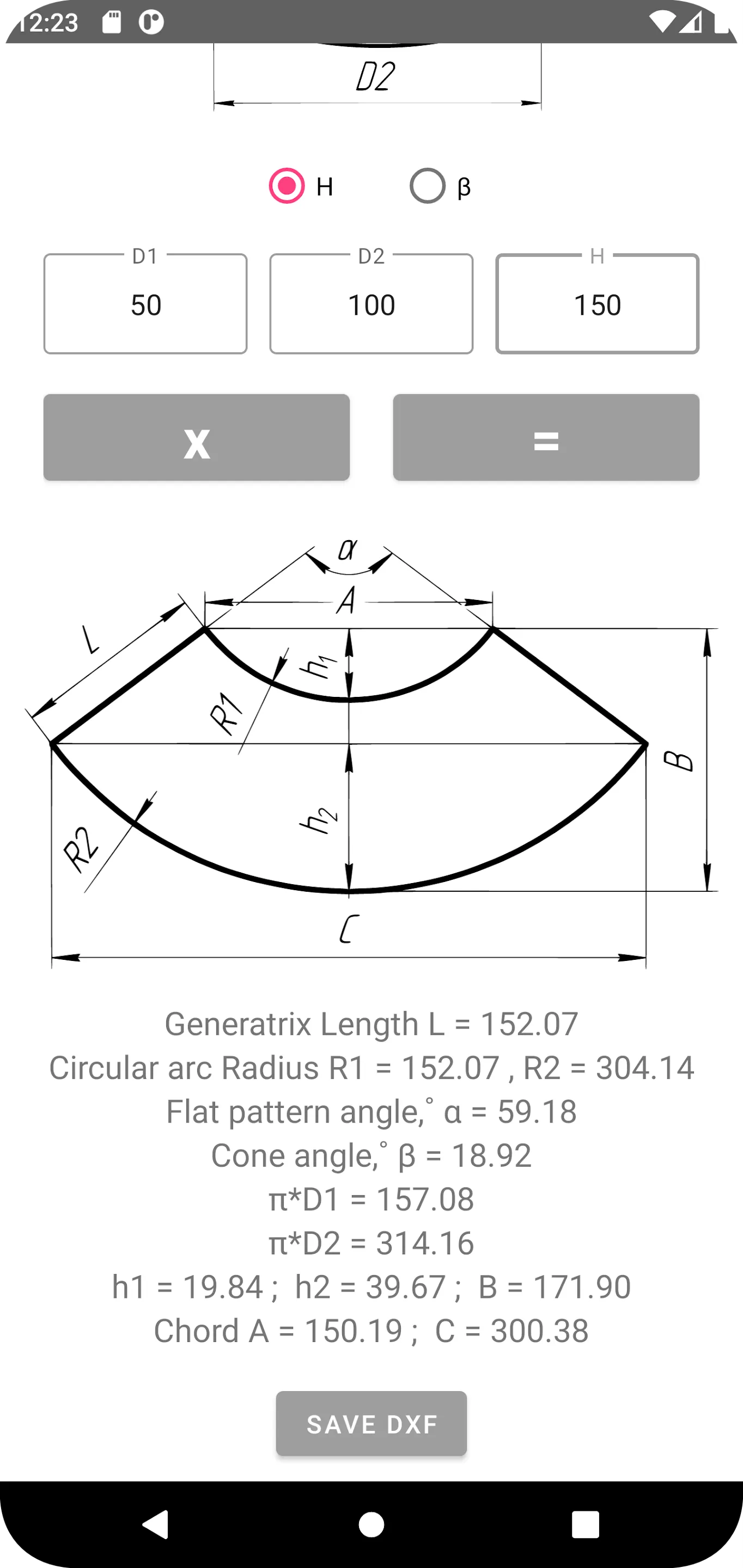 Flat pattern cone calculator | Indus Appstore | Screenshot