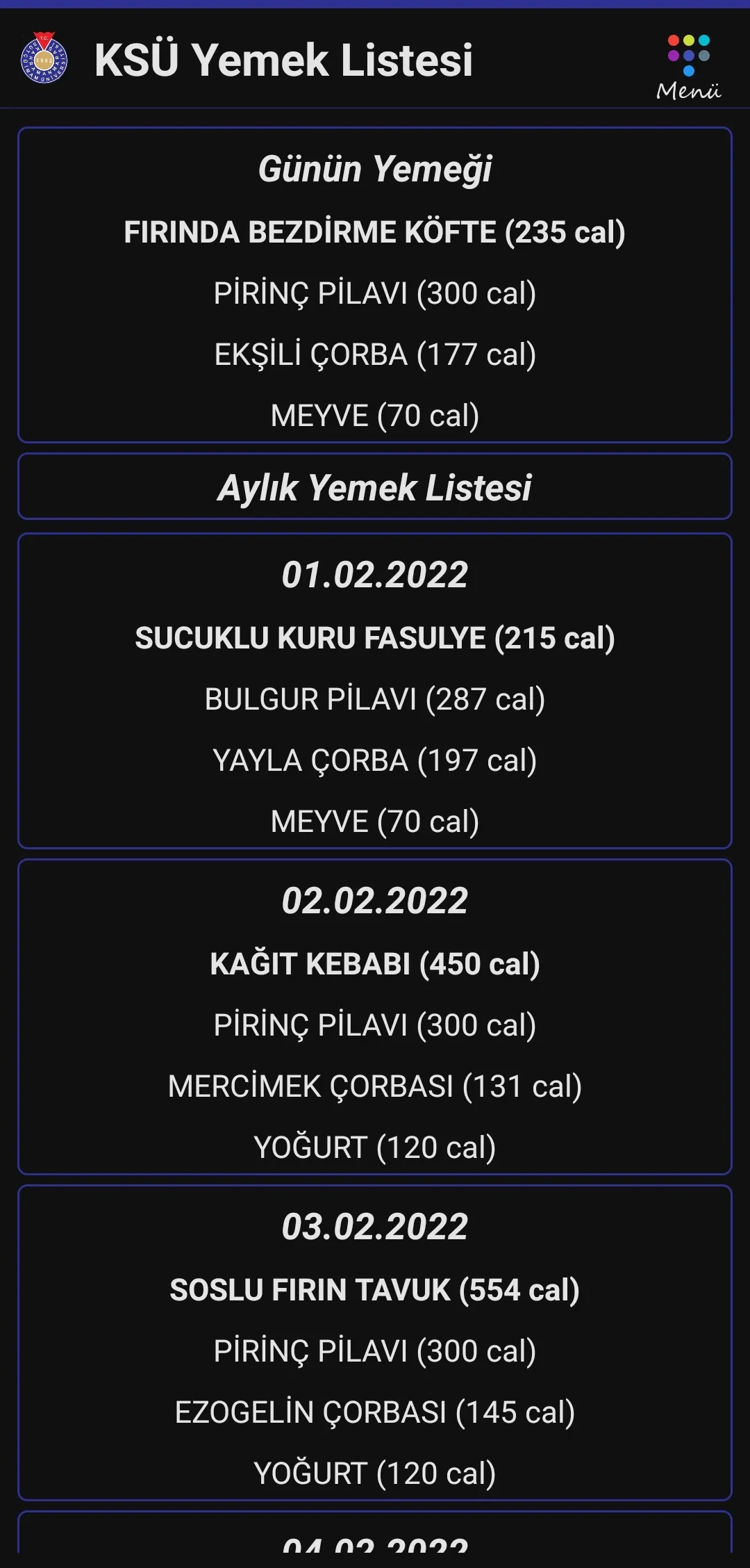 KSÜ Yemek Listesi(İnternetsiz) | Indus Appstore | Screenshot