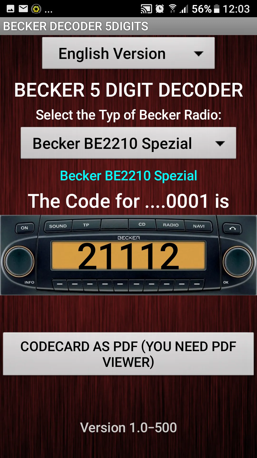 Becker 5Digit Radio Code | Indus Appstore | Screenshot